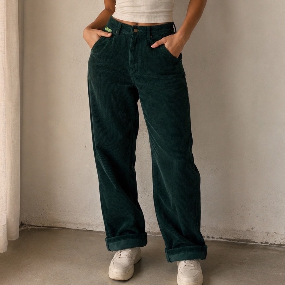 Empyre Tori Forest Green Corduroy Baggy Skate Pants Wide Leg High Rise 28 zz